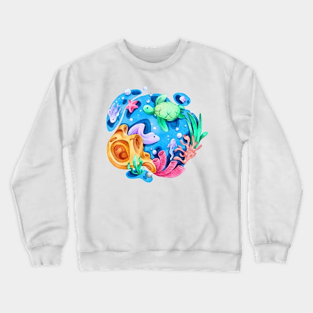 Ocean Watercolor Illustration Crewneck Sweatshirt by Mako Design 